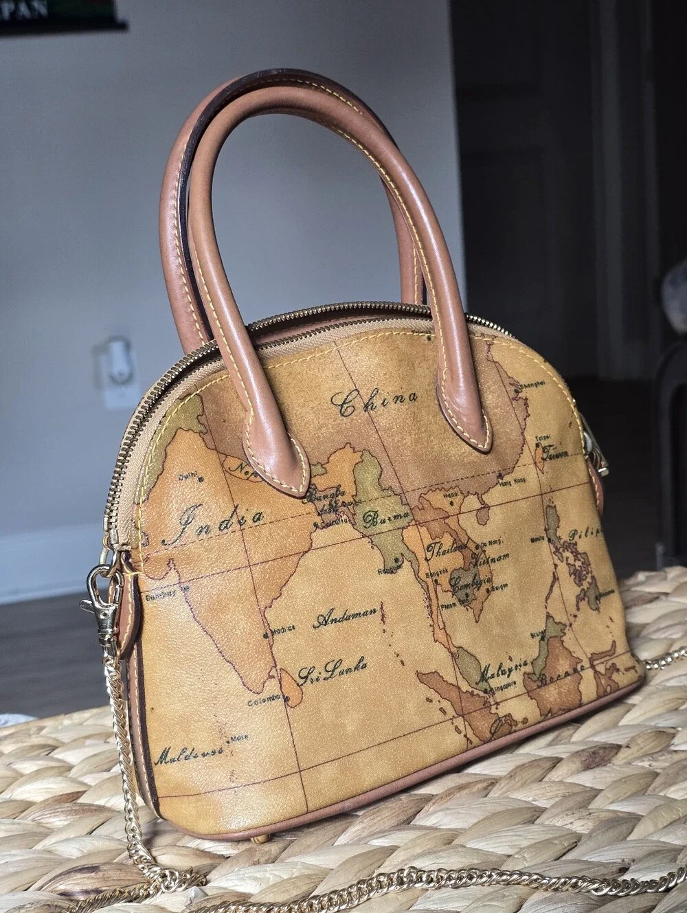 Authentic Alviero Martini Map-Print Dome Satchel Handbag